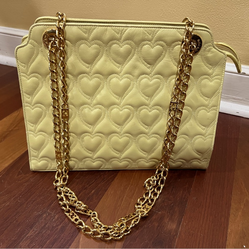 Escada Yellow Leather Heart Print Handbag with gold chain straps. Vintage.